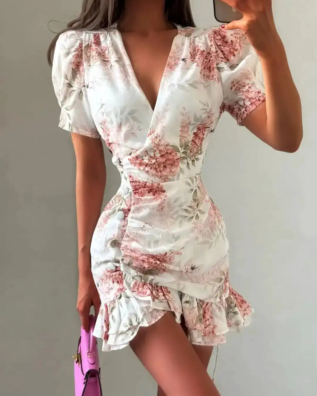 White Red Floral Ruched Puff Sleeve Mini Dress V-neck Ruffle Hem 3d Rose Dresses 2026 Summer Lady Party Sweet Date Vestidos New by Dropshipman