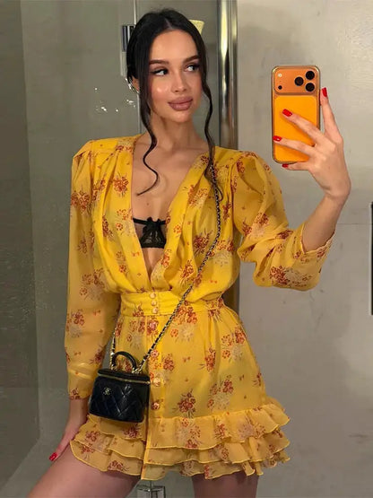 White Red Floral Ruched Puff Sleeve Mini Dress V-neck Ruffle Hem 3d Rose Dresses 2026 Summer Lady Party Sweet Date Vestidos New by Dropshipman