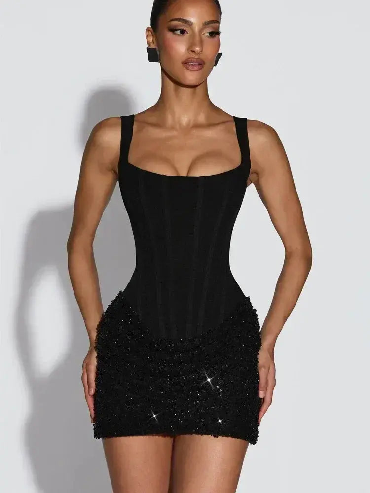 Black sleeveless square-neck halter mini dress with pleats, backless design, high waist, bodycon fit, perfect for summer parties.