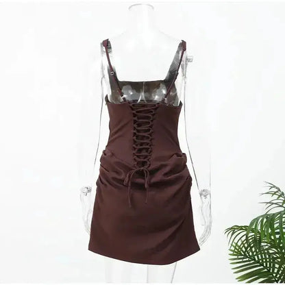 2026 New Sexy Women Square-neck Halter Mini Dress Pleated Sleeveless Backless High Waist Bodycon Dresses Summer Lady Party Robes by Dropshipman