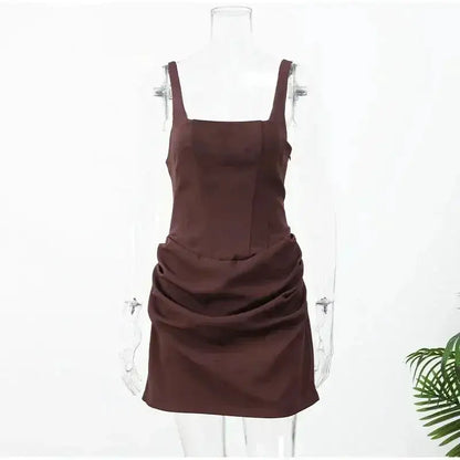 2026 New Sexy Women Square-neck Halter Mini Dress Pleated Sleeveless Backless High Waist Bodycon Dresses Summer Lady Party Robes by Dropshipman