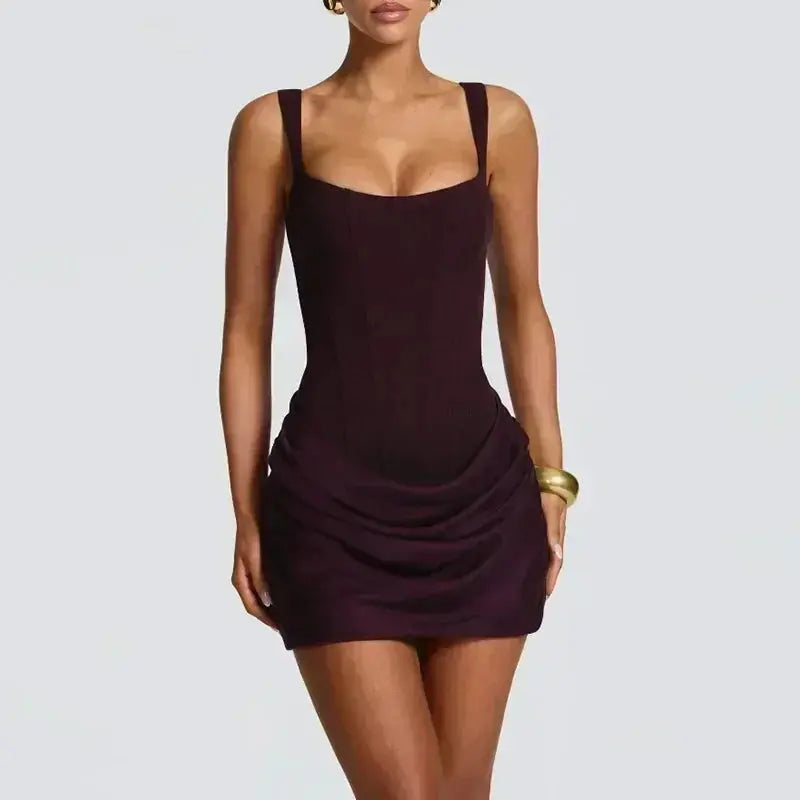 2026 New Sexy Women Square-neck Halter Mini Dress Pleated Sleeveless Backless High Waist Bodycon Dresses Summer Lady Party Robes SHOPEZRA L.L.C.