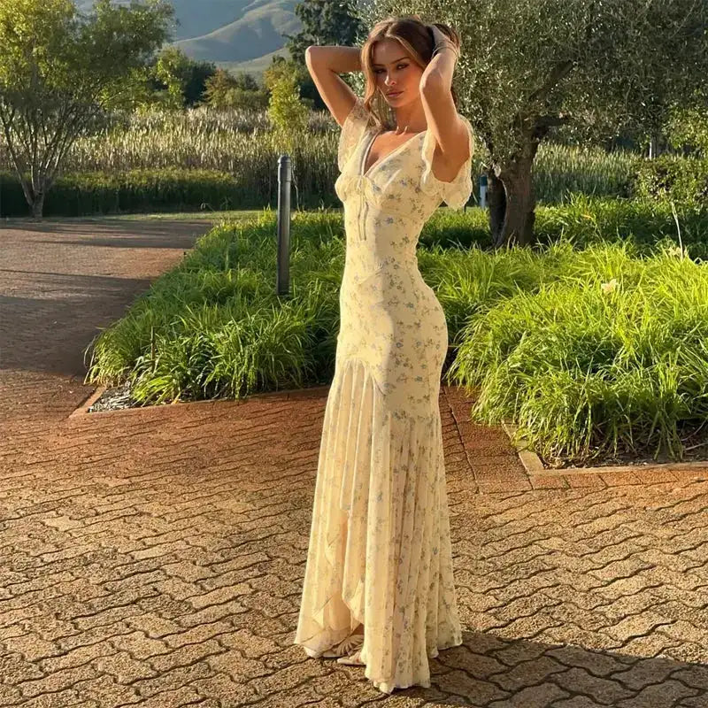 Vintage Print High Neck Midi Dress Belted Waist Bell Sleeve Flared Hem 2026 Summer Spring Chic Women Elegant Wedding Guest Gown by Dropshipman
