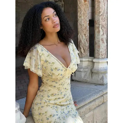 Vintage Print High Neck Midi Dress Belted Waist Bell Sleeve Flared Hem 2026 Summer Spring Chic Women Elegant Wedding Guest Gown by Dropshipman