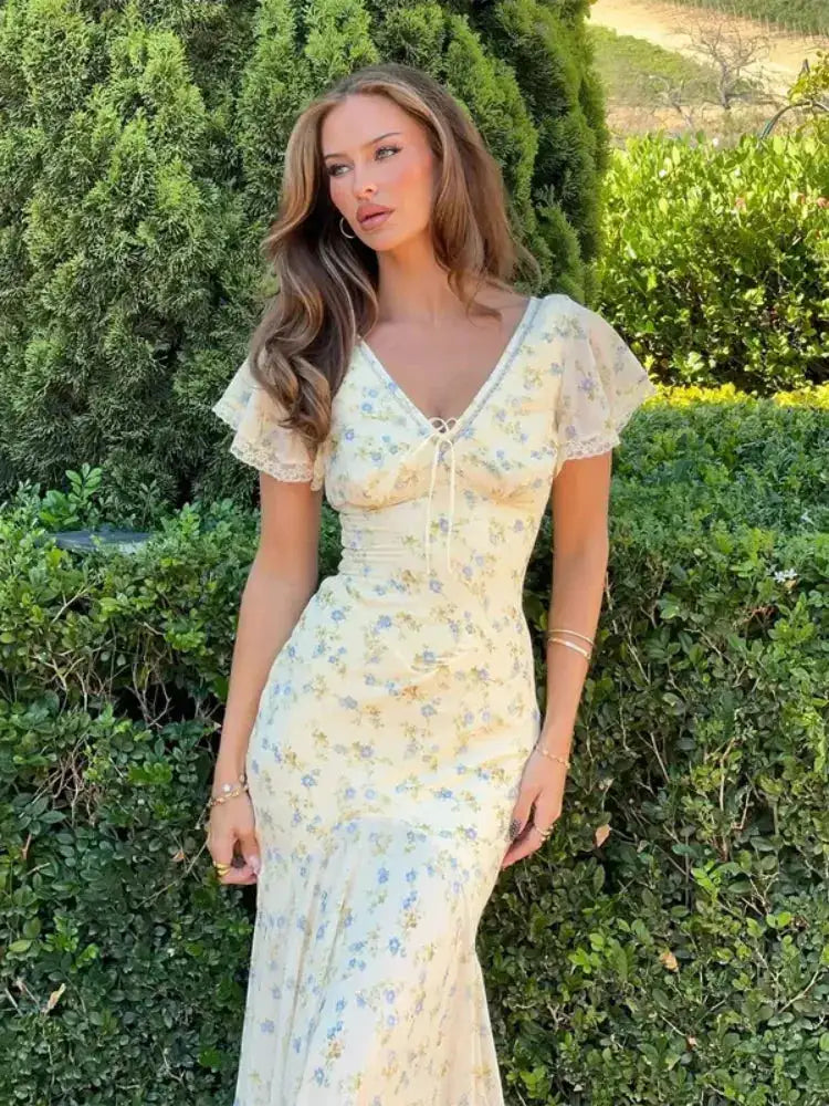 Vintage Print High Neck Midi Dress Belted Waist Bell Sleeve Flared Hem 2026 Summer Spring Chic Women Elegant Wedding Guest Gown by Dropshipman