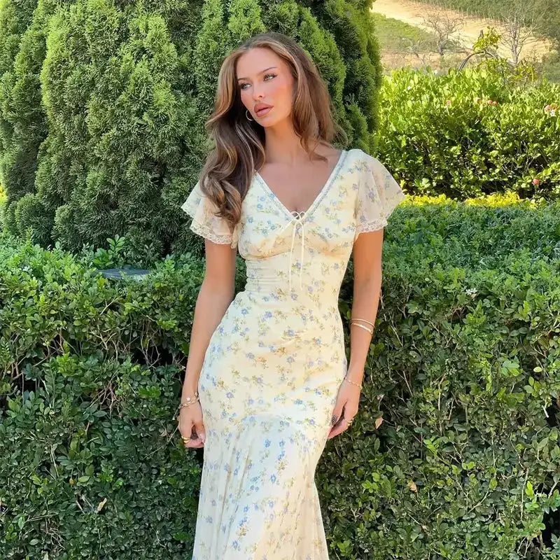 Vintage Print High Neck Midi Dress Belted Waist Bell Sleeve Flared Hem 2026 Summer Spring Chic Women Elegant Wedding Guest Gown by Dropshipman