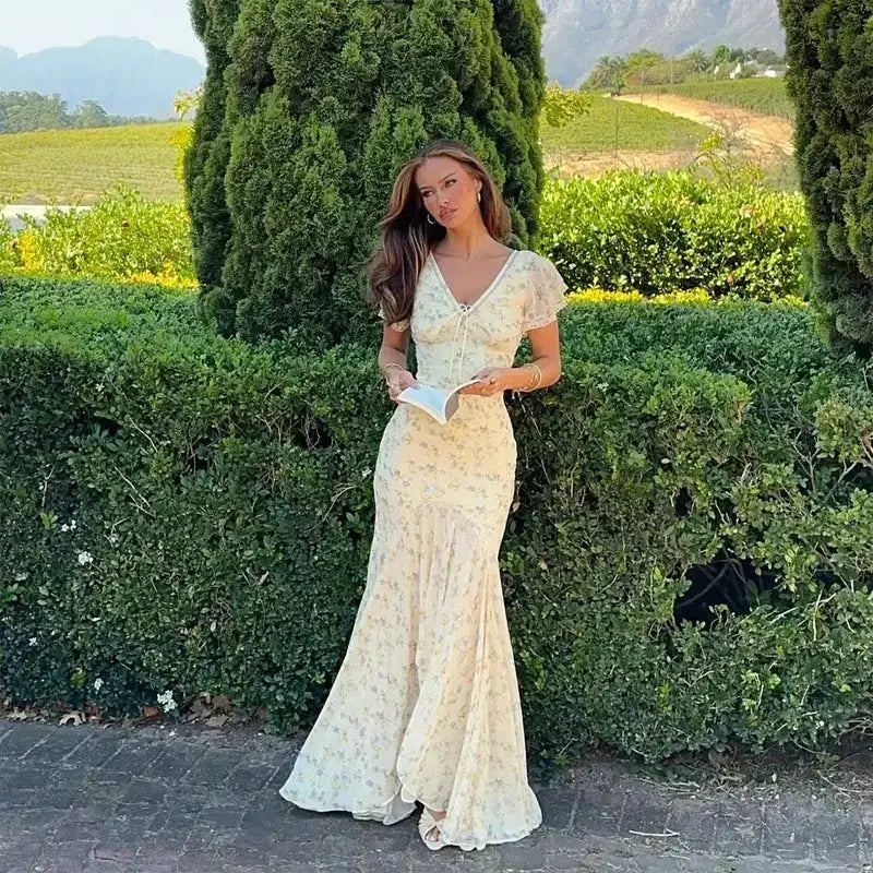Vintage Print High Neck Midi Dress Belted Waist Bell Sleeve Flared Hem 2026 Summer Spring Chic Women Elegant Wedding Guest Gown by Dropshipman