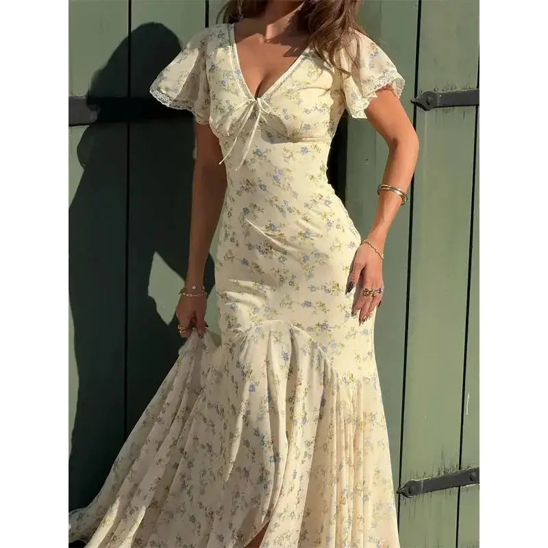 Vintage Print High Neck Midi Dress Belted Waist Bell Sleeve Flared Hem 2026 Summer Spring Chic Women Elegant Wedding Guest Gown by Dropshipman