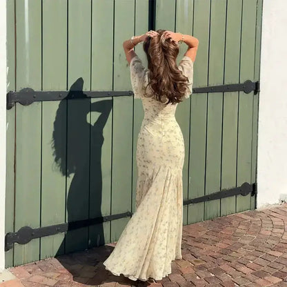 Vintage Print High Neck Midi Dress Belted Waist Bell Sleeve Flared Hem 2026 Summer Spring Chic Women Elegant Wedding Guest Gown by Dropshipman
