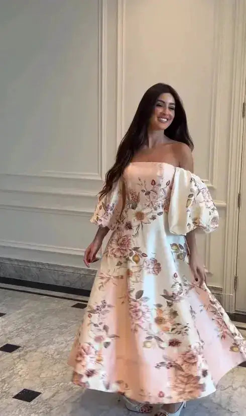 Vintage Print High Neck Midi Dress Belted Waist Bell Sleeve Flared Hem 2026 Summer Spring Chic Women Elegant Wedding Guest Gown by Dropshipman