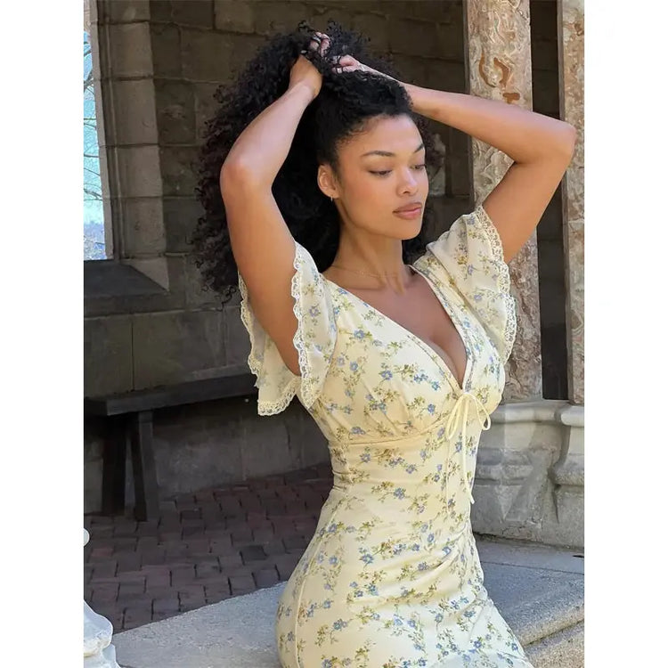 Vintage Print High Neck Midi Dress Belted Waist Bell Sleeve Flared Hem 2026 Summer Spring Chic Women Elegant Wedding Guest Gown SHOPEZRA L.L.C.