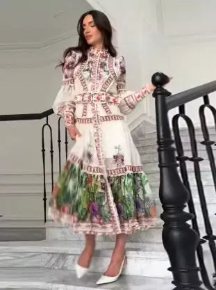 Vintage Print High Neck Midi Dress Belted Waist Bell Sleeve Flared Hem 2026 Summer Spring Chic Women Elegant Wedding Guest Gown SHOPEZRA L.L.C.