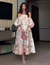 Vintage Print High Neck Midi Dress Belted Waist Bell Sleeve Flared Hem 2026 Summer Spring Chic Women Elegant Wedding Guest Gown SHOPEZRA L.L.C.
