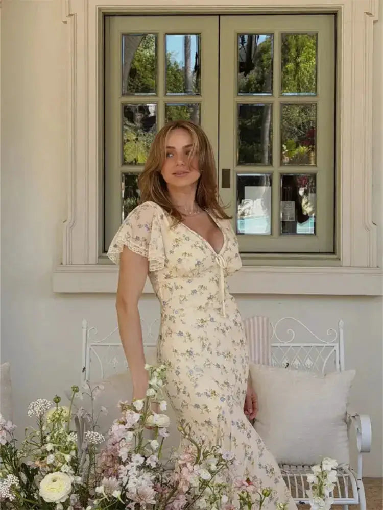 Vintage Print High Neck Midi Dress Belted Waist Bell Sleeve Flared Hem 2026 Summer Spring Chic Women Elegant Wedding Guest Gown by Dropshipman