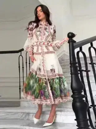 Vintage Print High Neck Midi Dress Belted Waist Bell Sleeve Flared Hem 2026 Summer Spring Chic Women Elegant Wedding Guest Gown by Dropshipman