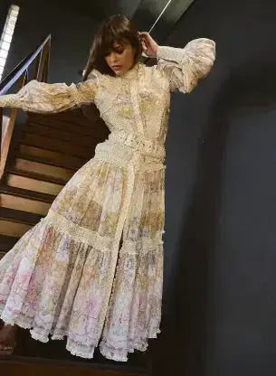 Vintage Print High Neck Midi Dress Belted Waist Bell Sleeve Flared Hem 2026 Summer Spring Chic Women Elegant Wedding Guest Gown by Dropshipman
