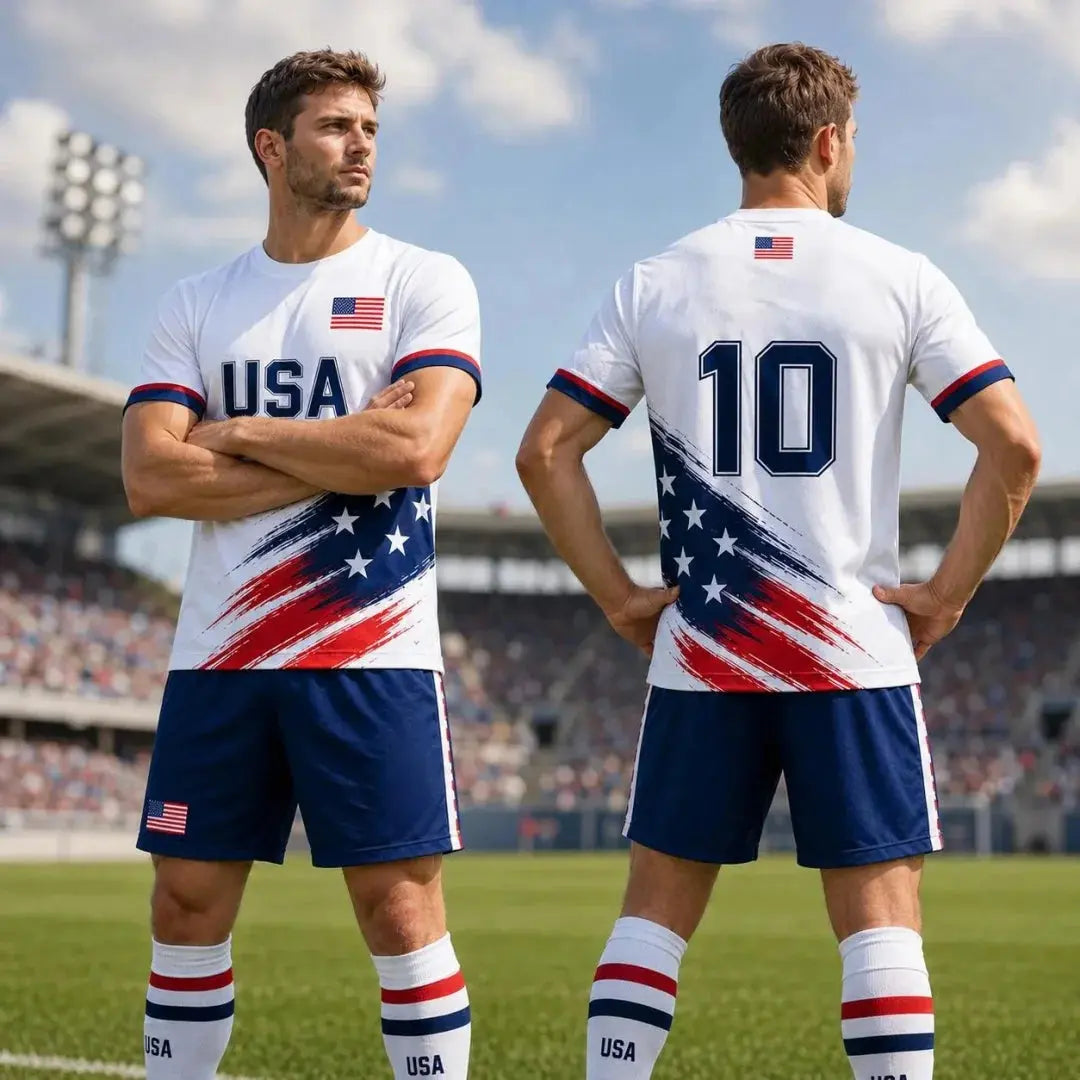 2026 USA soccer jersey football kit, quick-dry men's T-shirt, children's clothing, and women's tee, featuring patriotic USA design.