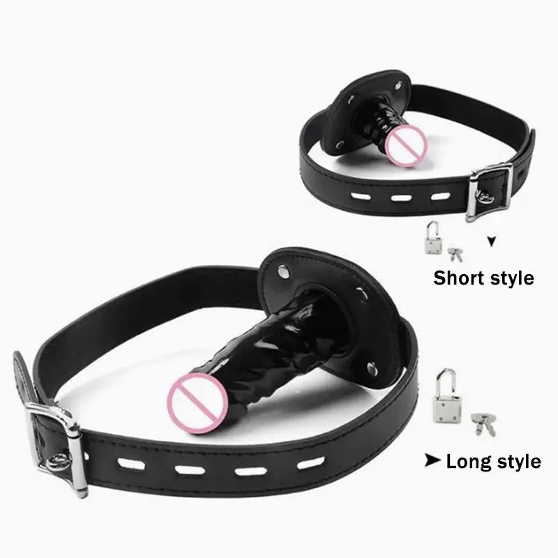 Black dildo deep blowjob gag with open mouth plug, leather strap on, and bondage restraints, designed for couples' sex toy play.
