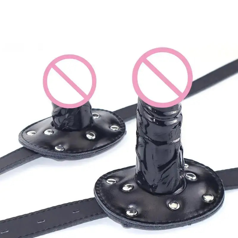 Black dildo with open mouth gag, leather strap, and lock, designed for bondage and restraint play in couples' adult sex toys.