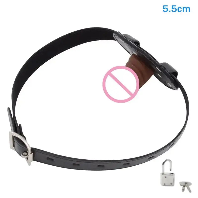 Black dildo and open-mouth gag with leather strap, lock, and bondage restraint for couples, featuring lips and butt plug for sex play.