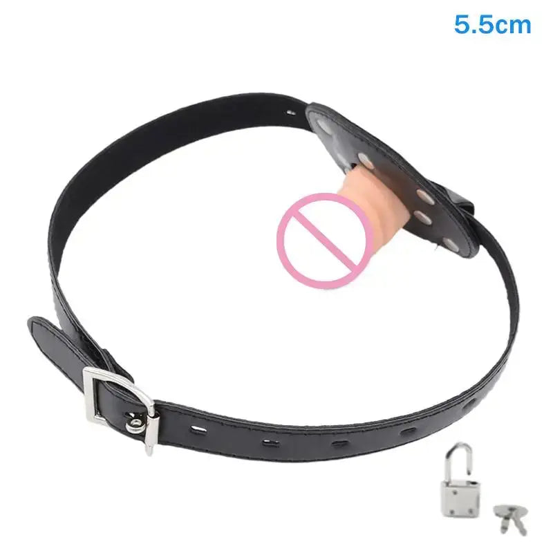 Black dildo and open-mouth gag with leather strap, lock, and bondage restraints for couples' BDSM and sex toy play.