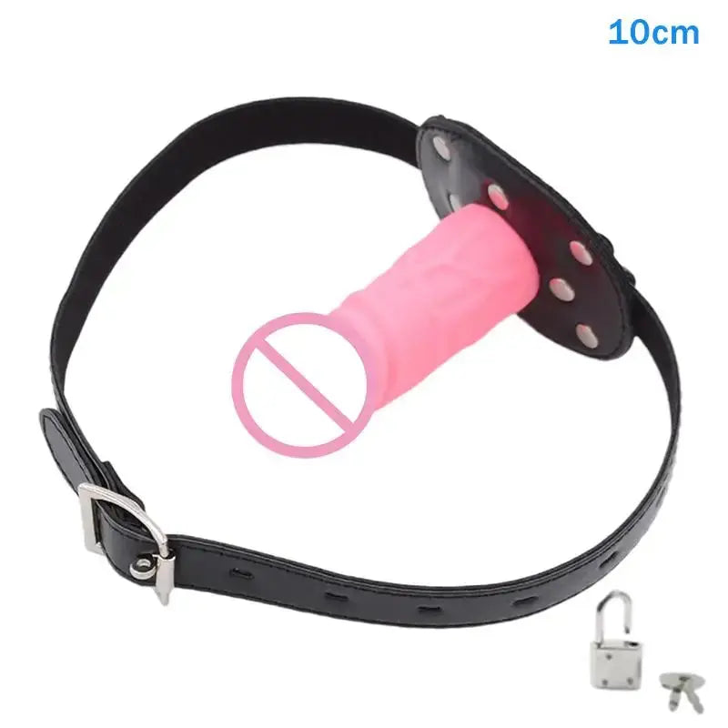 Black dildo with open mouth gag and leather strap, designed for BDSM bondage, featuring a lock and realistic penis shape for couples.