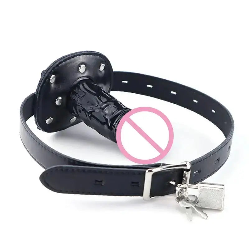 Pink dildo and open-mouth gag with leather strap, lock, and butt plug for bondage restraint, designed for couples' sex play.