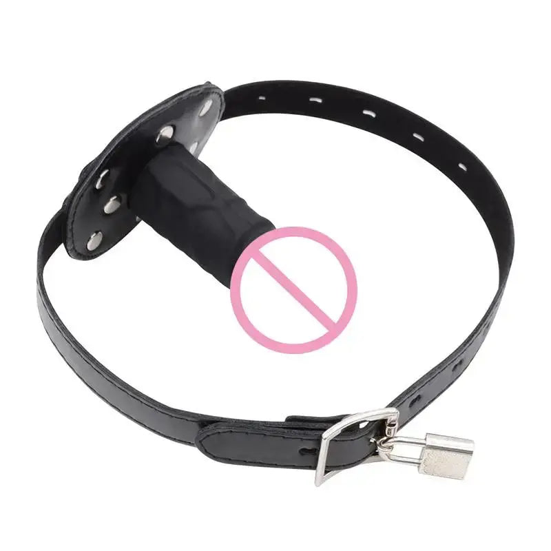 Pink dildo and open mouth gag with leather strap, lock, and restraints, designed for couples' BDSM and bondage play.