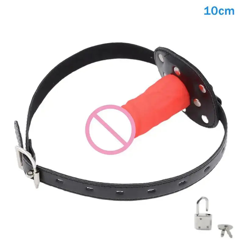 Pink dildo and open mouth gag with leather strap, lock, and bondage restraints, designed for couples' BDSM and sex toy play.