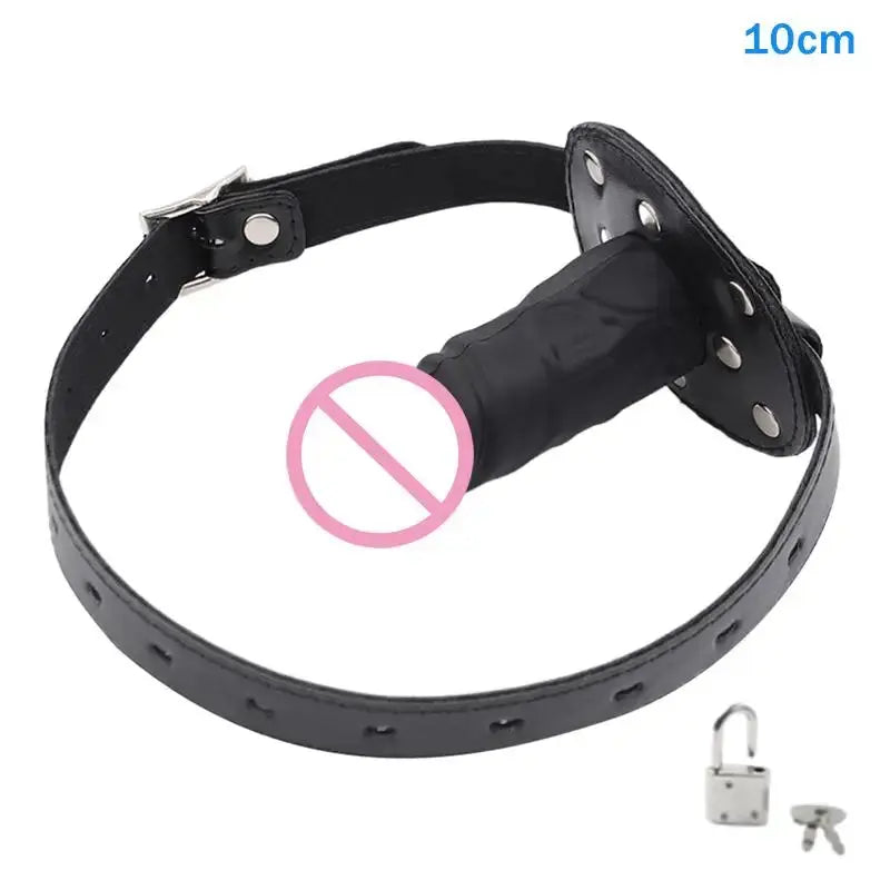 Pink dildo with open mouth gag, leather strap, and lock, designed for bondage and couples' BDSM play with butt plug and restraint features.