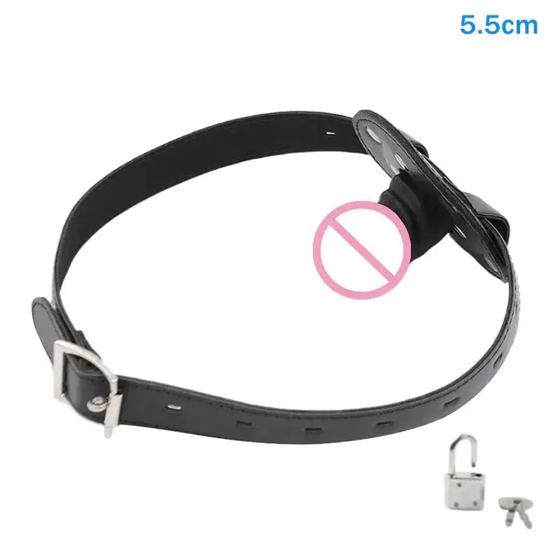 Pink dildo with open mouth gag, leather strap, and lock, designed for bondage and couples' sex play with realistic details.
