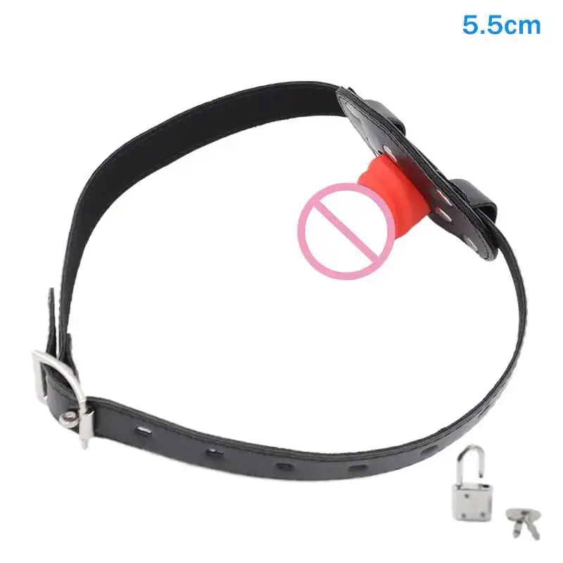 Pink dildo with open mouth gag and leather strap, featuring a lock and penis-shaped butt plug for bondage and couples' intimacy.