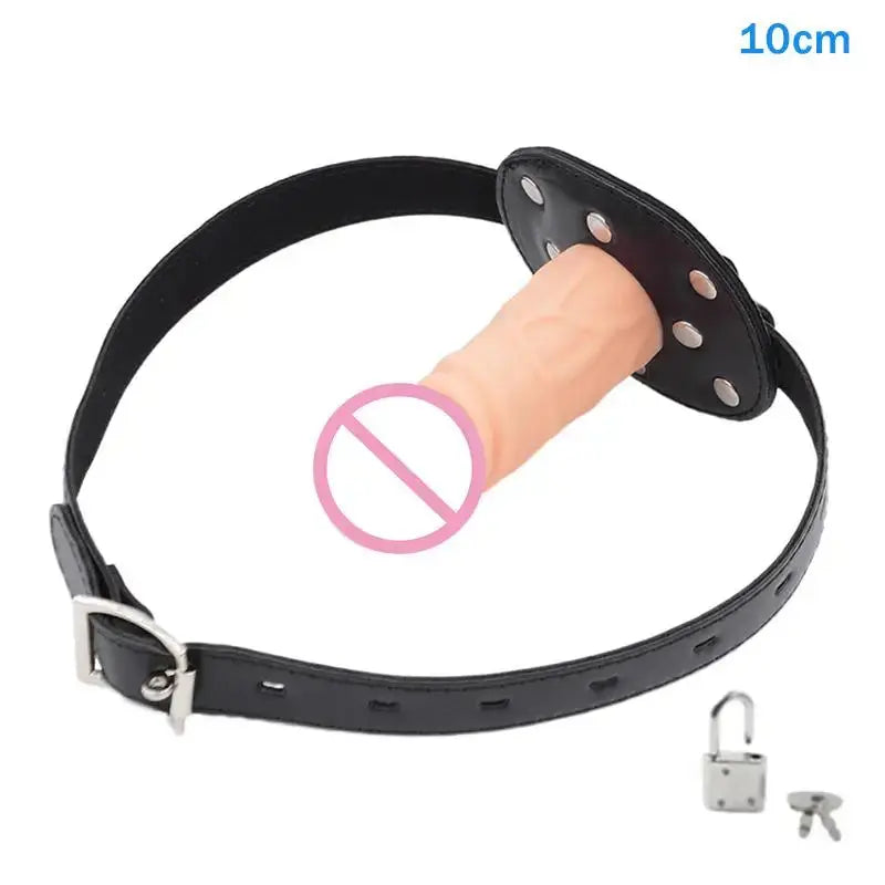 Pink BDSM gag with open mouth, leather strap, locking mechanism, and attached dildo for bondage and couples' sex play.
