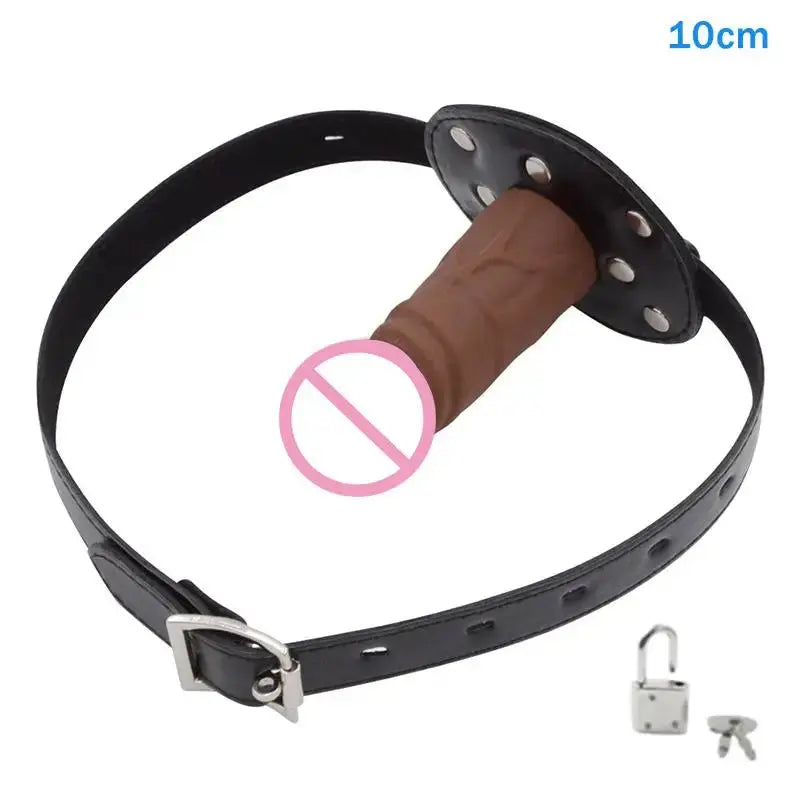 Pink dildo with open-mouth gag, leather strap, lock, and butt plug for bondage and couples' BDSM play.