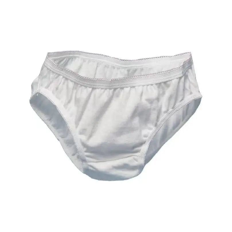 White disposable women's underwear triangle style, individually packaged, made of sterile cotton for maternity confinement or travel.