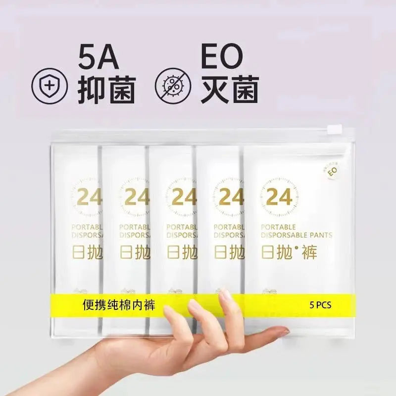 Disposable women's underwear by SHOPEZRA L.L.C., white triangle style, individually packaged, made of sterile cotton for maternity and travel.
