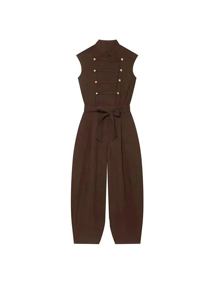 Women Long Jumpsuits 2026 Sleeveless Playsuits Elegant Solid Color Rompers Casual Stand Collar Belt Fashion Commuting Outfit by Dropshipman