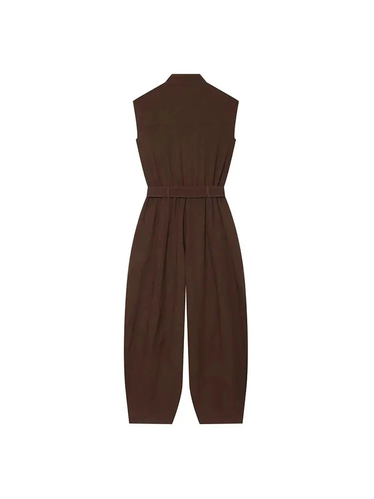 Women Long Jumpsuits 2026 Sleeveless Playsuits Elegant Solid Color Rompers Casual Stand Collar Belt Fashion Commuting Outfit SHOPEZRA L.L.C.
