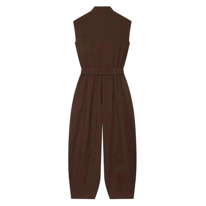 Women Long Jumpsuits 2026 Sleeveless Playsuits Elegant Solid Color Rompers Casual Stand Collar Belt Fashion Commuting Outfit by Dropshipman