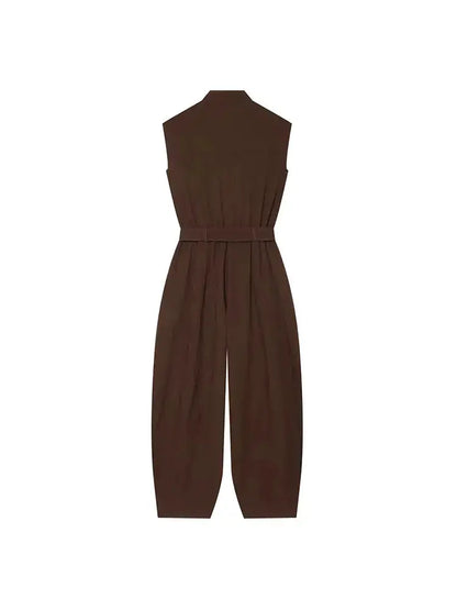 Women Long Jumpsuits 2026 Sleeveless Playsuits Elegant Solid Color Rompers Casual Stand Collar Belt Fashion Commuting Outfit by Dropshipman