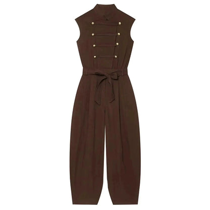 Women Long Jumpsuits 2026 Sleeveless Playsuits Elegant Solid Color Rompers Casual Stand Collar Belt Fashion Commuting Outfit by Dropshipman