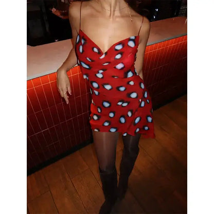 Women Two Tone Dot Print Long Sleeve Split Midi Dress Y2K Deep V Drawstring Slim Mermaid Skirt 2026 Street Club Party Outfit by Dropshipman