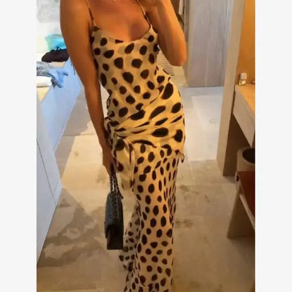 Women Two Tone Dot Print Long Sleeve Split Midi Dress Y2K Deep V Drawstring Slim Mermaid Skirt 2026 Street Club Party Outfit by Dropshipman