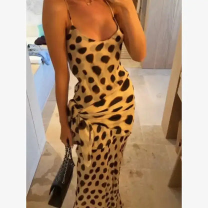 Women Two Tone Dot Print Long Sleeve Split Midi Dress Y2K Deep V Drawstring Slim Mermaid Skirt 2026 Street Club Party Outfit by Dropshipman