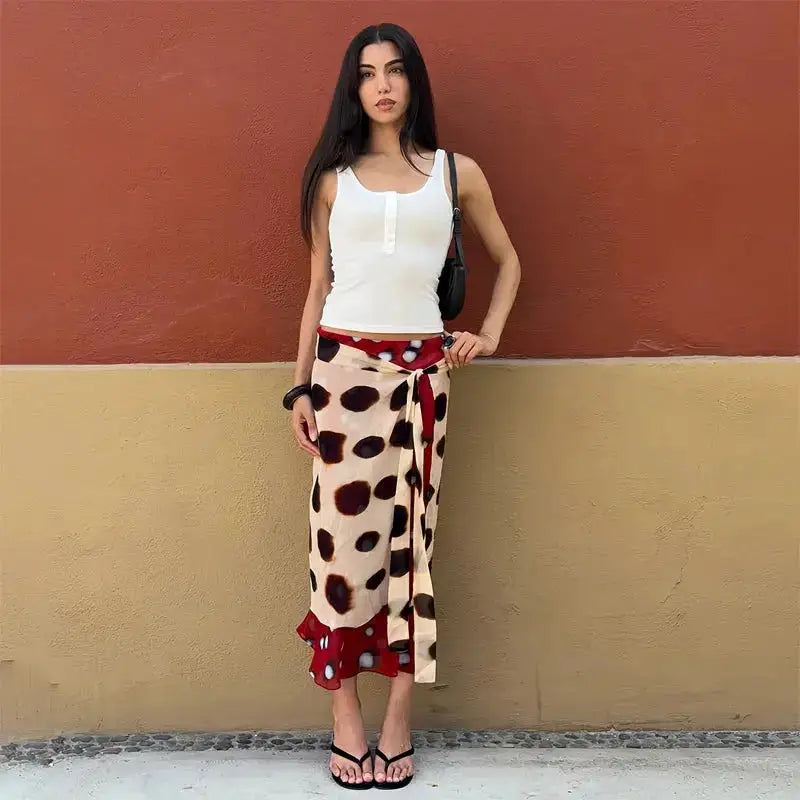 Women Two Tone Dot Print Long Sleeve Split Midi Dress Y2K Deep V Drawstring Slim Mermaid Skirt 2026 Street Club Party Outfit by Dropshipman