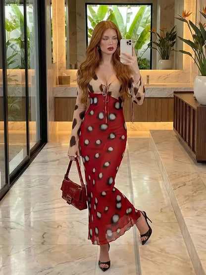 Women Two Tone Dot Print Long Sleeve Split Midi Dress Y2K Deep V Drawstring Slim Mermaid Skirt 2026 Street Club Party Outfit by Dropshipman