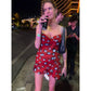 Damen Zweifarbiger Tupfen-Print Langarm Split Midikleid Y2K Tiefer V-Ausschnitt Kordelzug Schmale Meerjungfrauenrock 2026 Street Club Party Outfit
