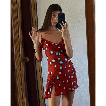 Women Two Tone Dot Print Long Sleeve Split Midi Dress Y2K Deep V Drawstring Slim Mermaid Skirt 2026 Street Club Party Outfit by Dropshipman