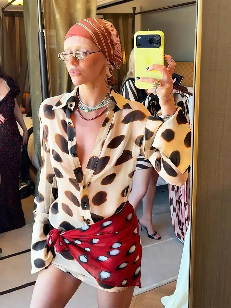 Women Two Tone Dot Print Long Sleeve Split Midi Dress Y2K Deep V Drawstring Slim Mermaid Skirt 2026 Street Club Party Outfit by Dropshipman