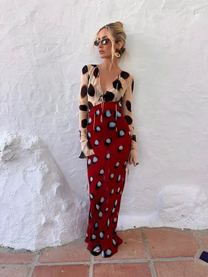 Women Two Tone Dot Print Long Sleeve Split Midi Dress Y2K Deep V Drawstring Slim Mermaid Skirt 2026 Street Club Party Outfit by Dropshipman